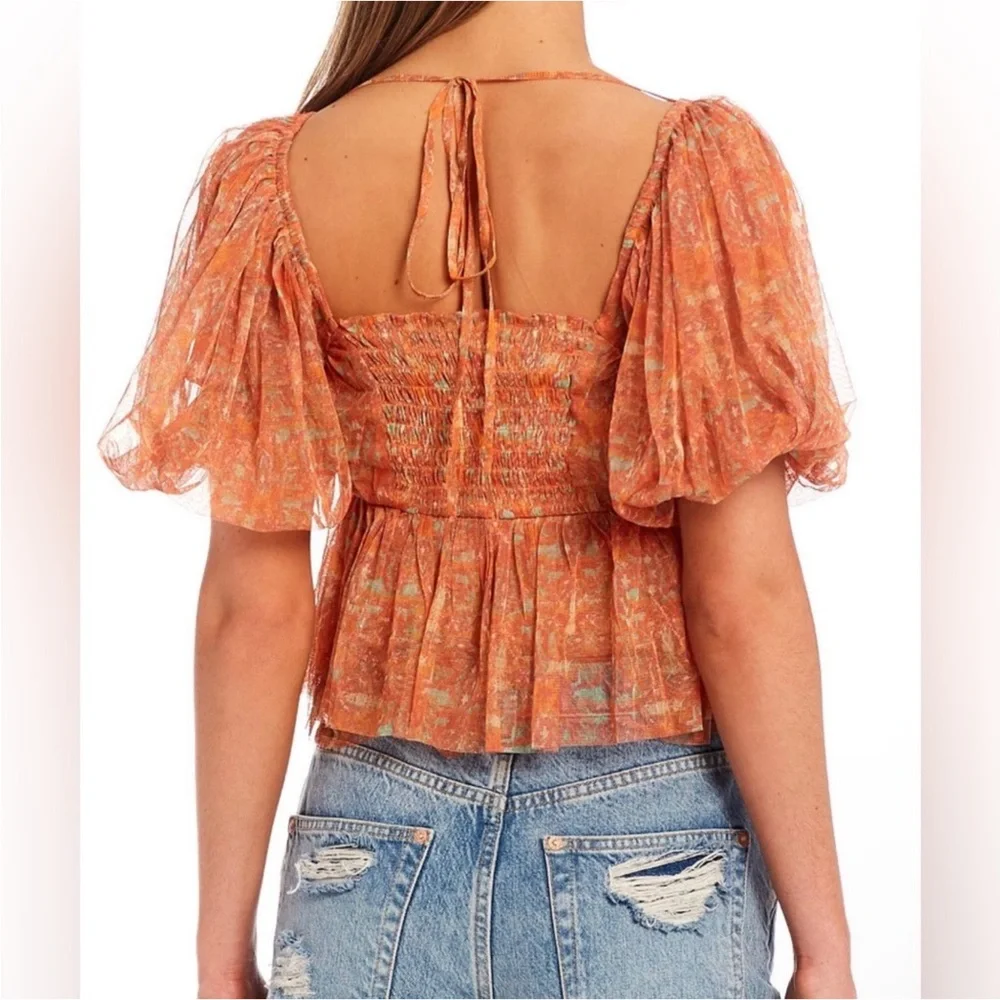 NWT Free People Babydoll Penelope Blouse Women S Peach Floral Short Sleeves Crop